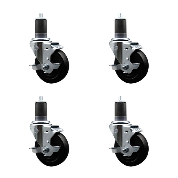 4'' SS Soft Rubber Swivel 1-5/8'' Expanding Stem Caster Set with Brake, 4PK